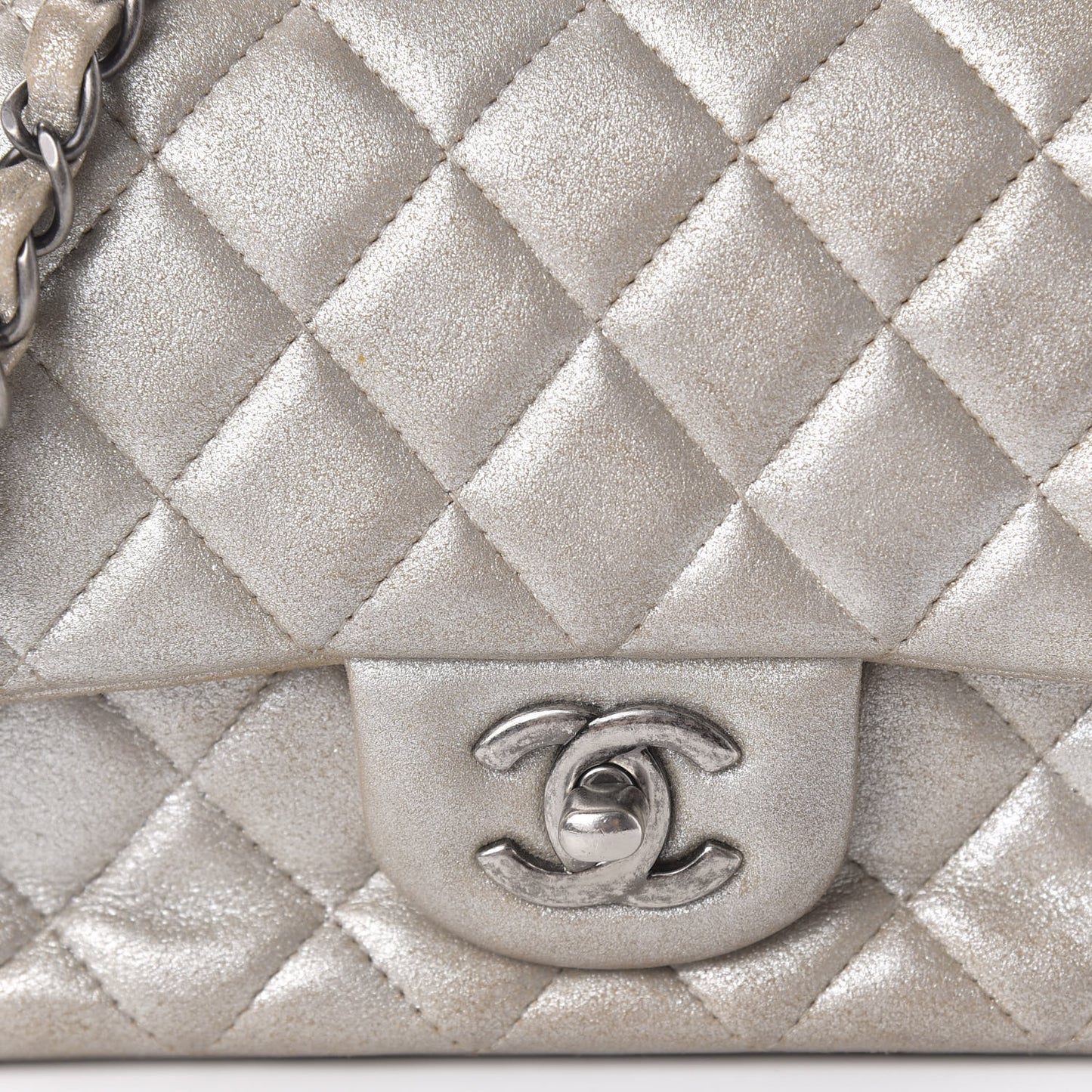 Metallic Lambskin Quilted Mini Rectangular Flap Silver
