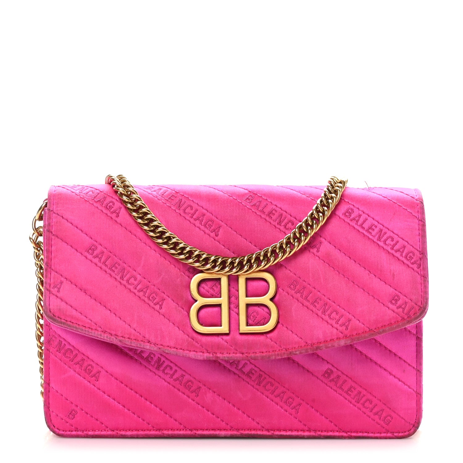 Balenciaga Satin Jacquard Logo Matelasse BB Wallet On Chain Fuchsia 1 of 13