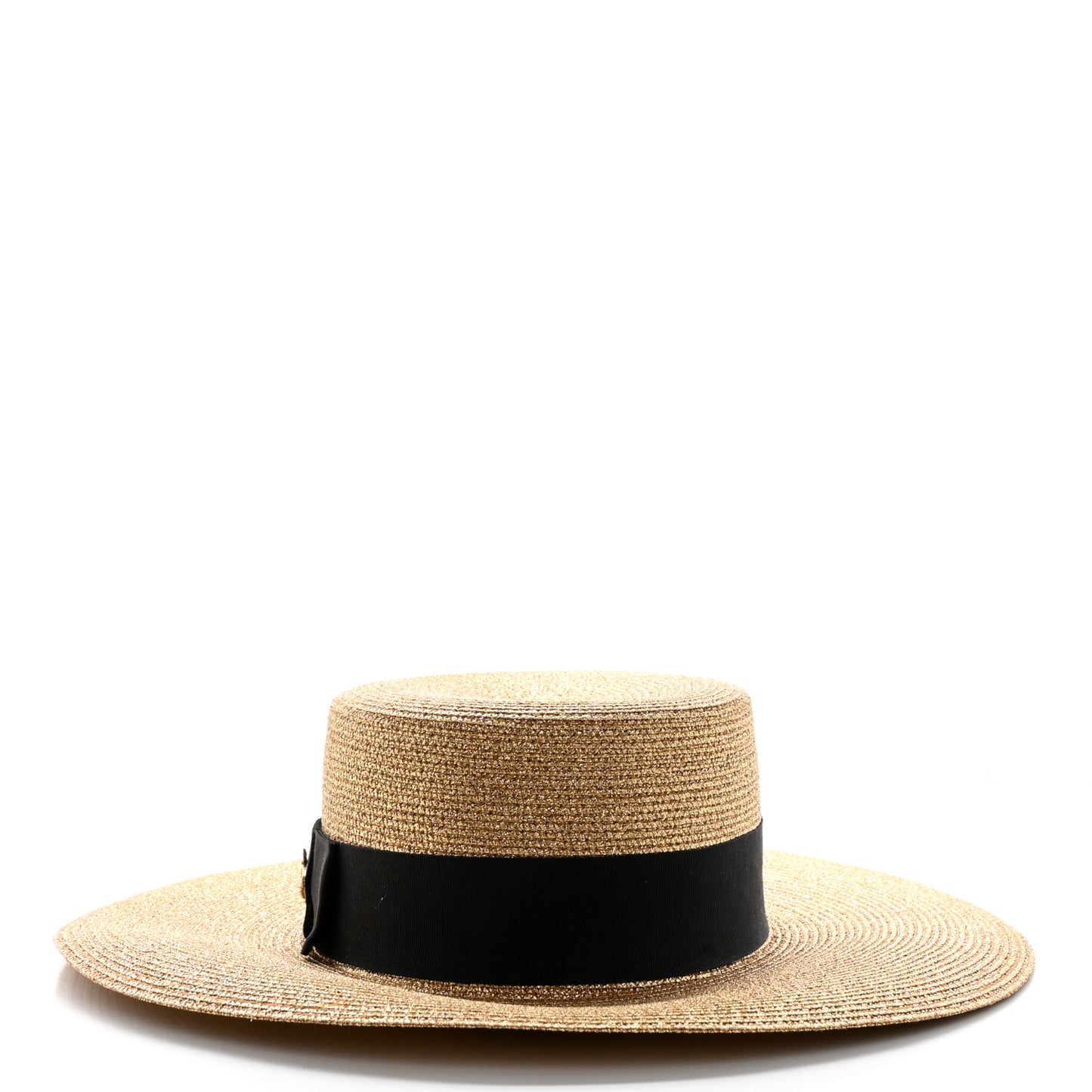 Glittered Straw Grosgrain Wide Brim Hat XS Gold Black