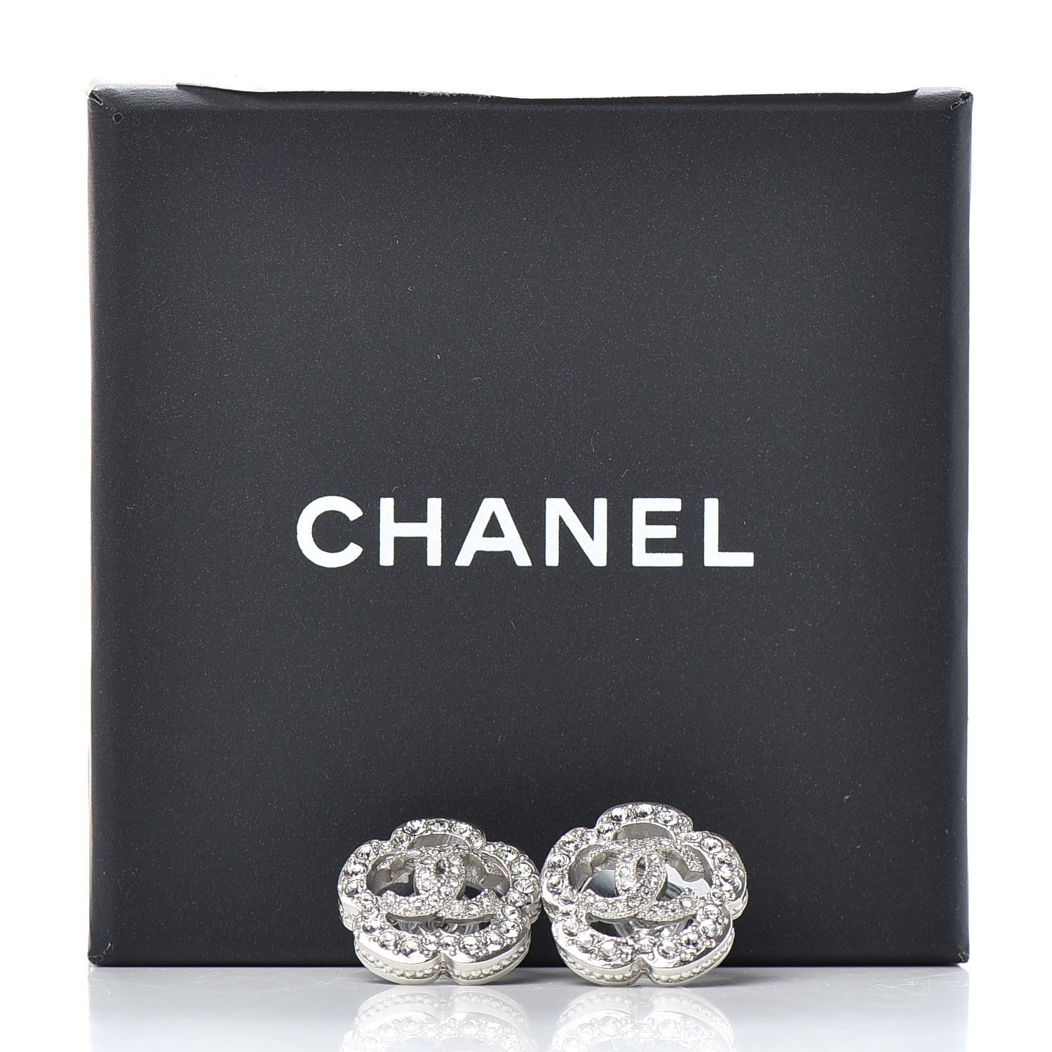 Chanel Crystal Coco Flapper Camellia CC Stud Earrings Silver 5 of 5