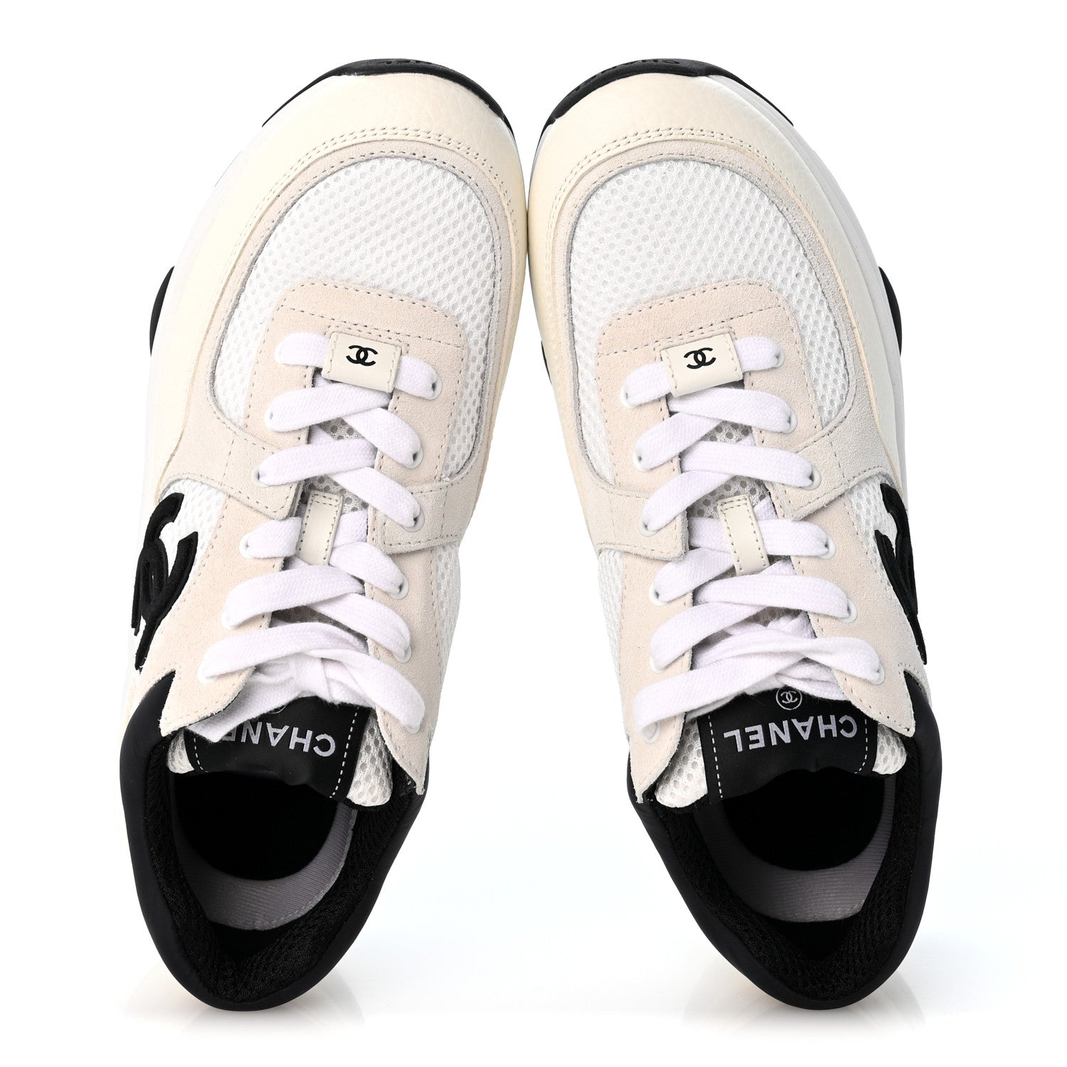 Chanel Mesh Suede Calfskin Grained Calfskin Womens CC Sneakers 37.5 White Black 2 of 10