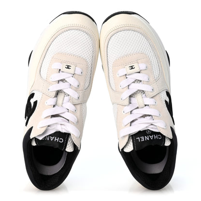 Chanel Mesh Suede Calfskin Grained Calfskin Womens CC Sneakers 37.5 White Black 2 of 10