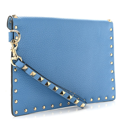 Valentino Garavani Pebbled Calfskin Medium Rockstud Envelope Flat Wristlet Pouch Denim 3 of 7