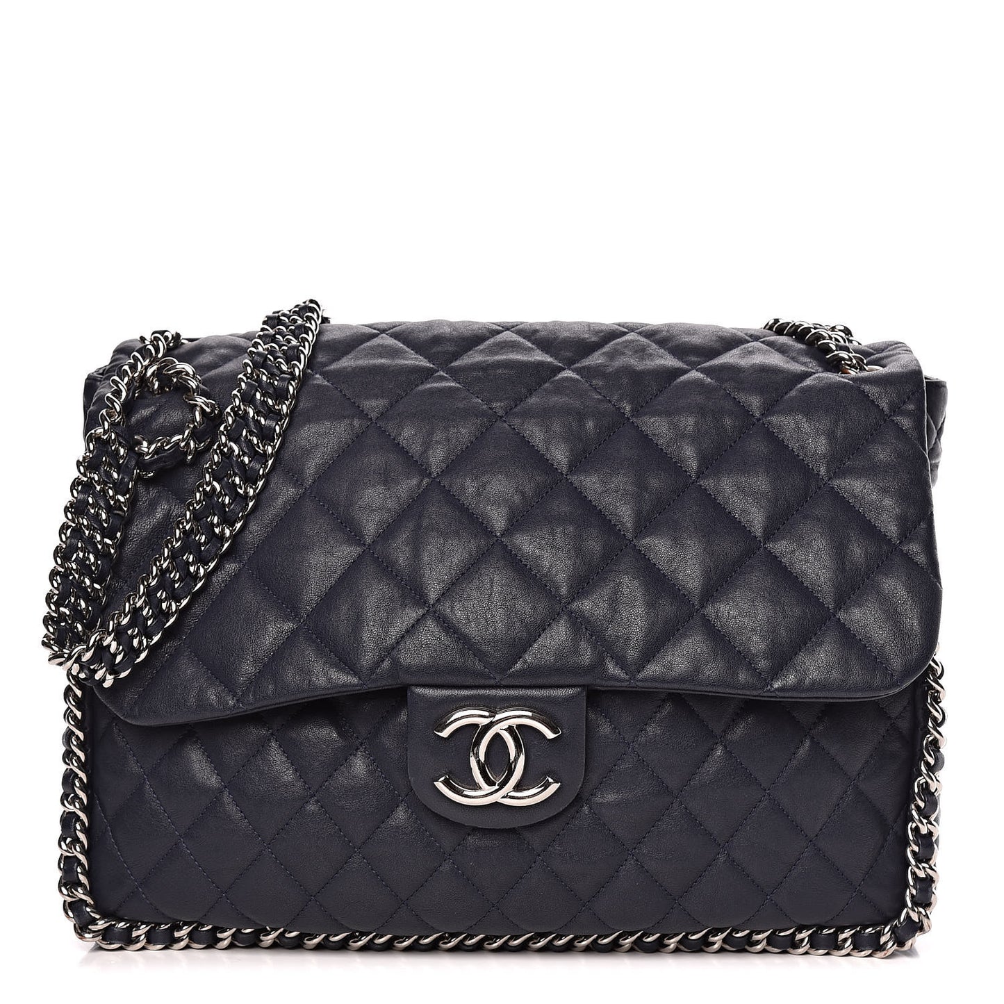 Washed Lambskin Quilted Chain Around Maxi Flap Dark Navy Blue