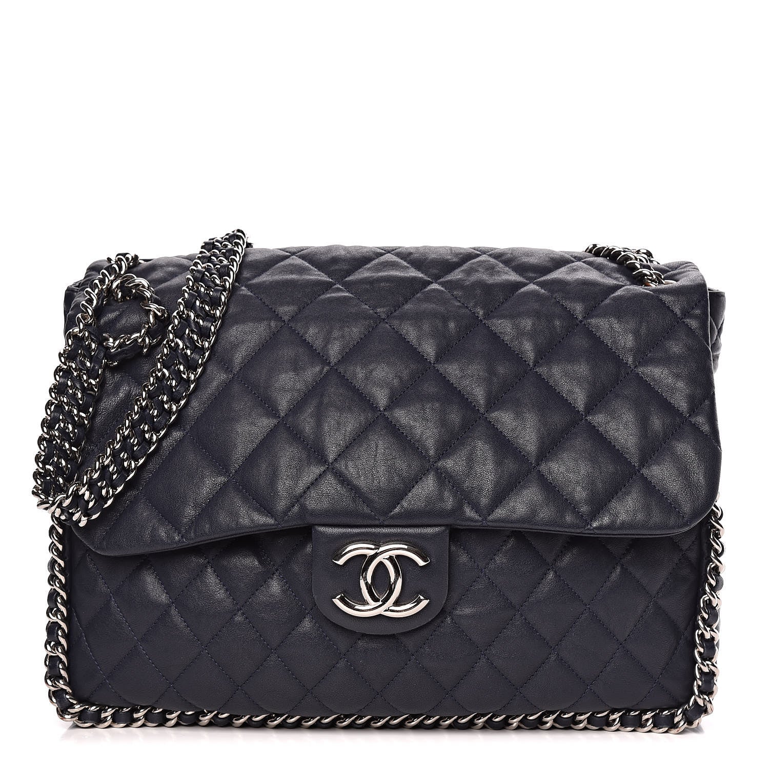 Chanel Washed Lambskin Quilted Chain Around Maxi Flap Dark Navy Blue 1 of 11