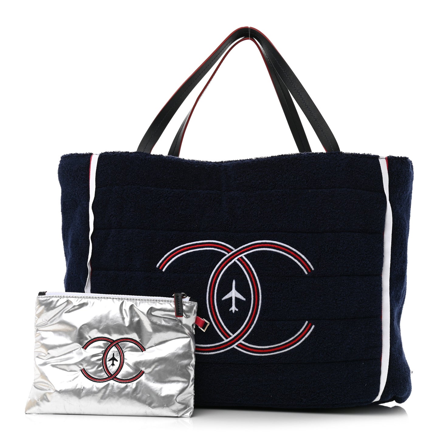 Nylon Terry Cloth Reversible Chanel Airlines Tote Silver Navy
