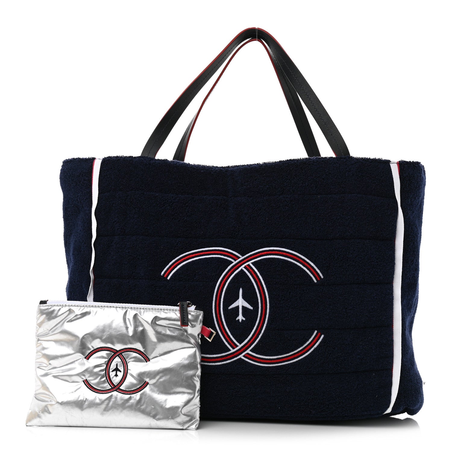 Chanel Nylon Terry Cloth Reversible Chanel Airlines Tote Silver Navy 3 of 18