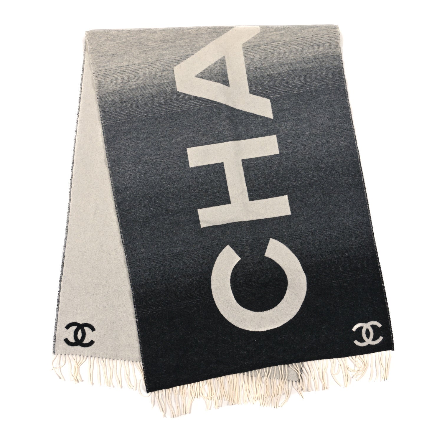 Chanel Cashmere Wool Logo Stole Black White 2 of 3