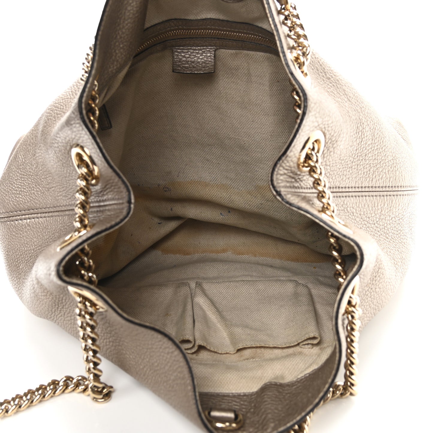 Metallic Pebbled Calfskin Medium Soho Chain Shoulder Bag Golden Beige