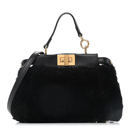 Fendi Shearling Shiny Nappa Micro Peekaboo Iconic Satchel Black 1 of 8