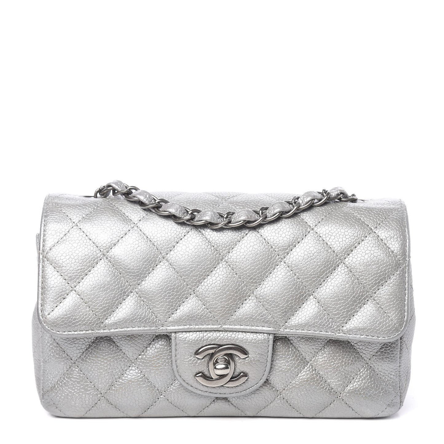 Metallic Caviar Quilted Mini Rectangular Flap Silver