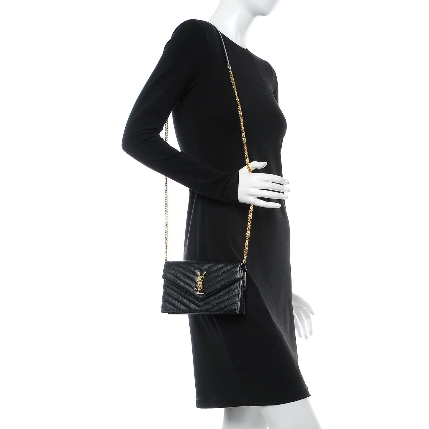 Grain De Poudre Matelasse Chevron Monogram Envelope Chain Wallet Black