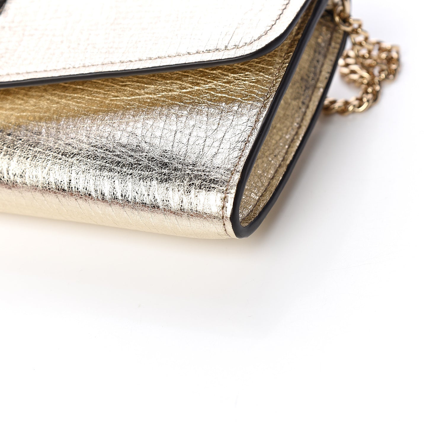 Metallic Textured Calfskin Aby Chain Wallet Gold