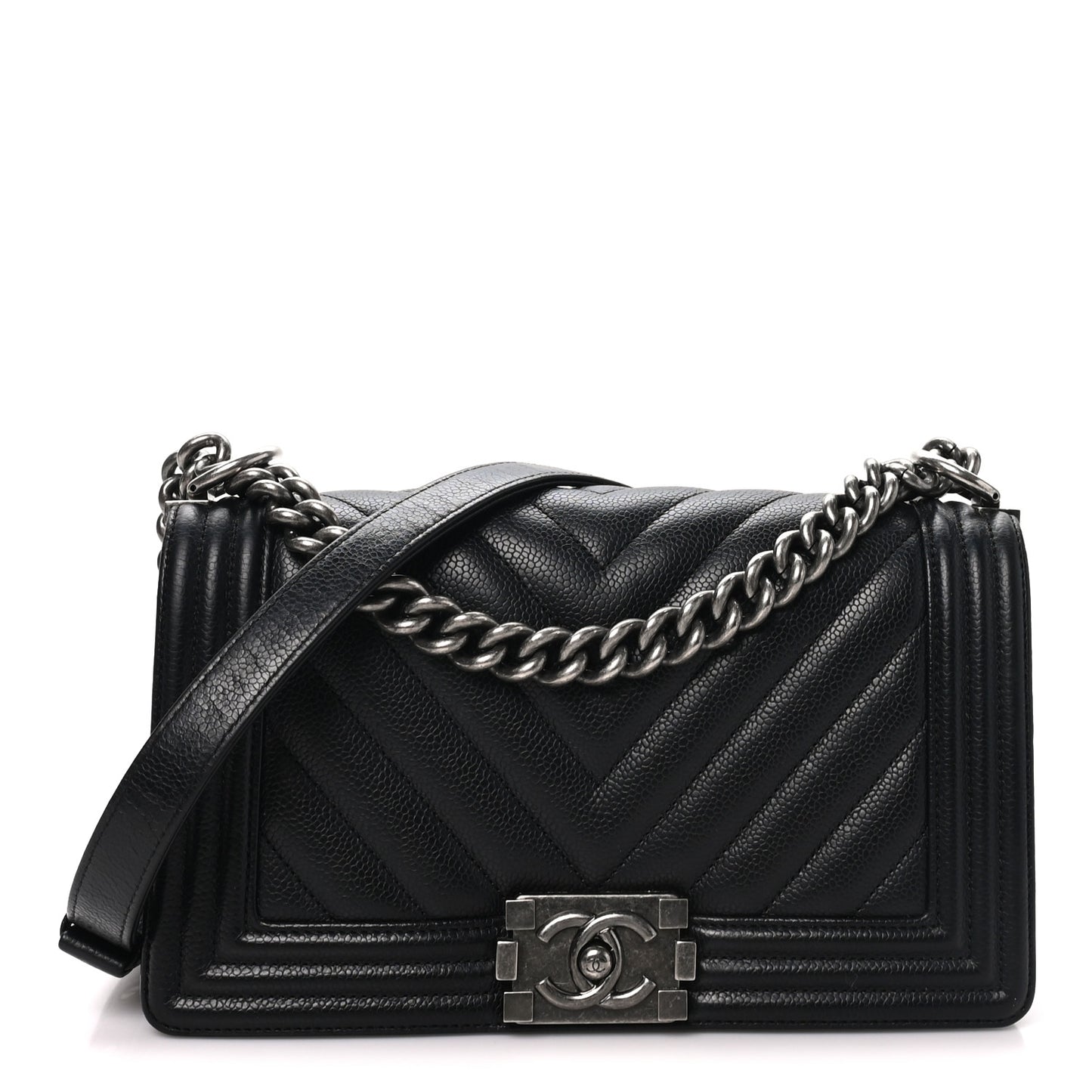 Caviar Chevron Quilted Medium Boy Flap Black