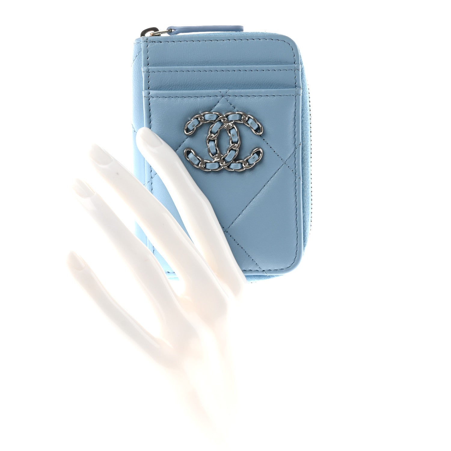 Chanel Lambskin Quilted Chanel 19 Vertical Zip Card Holder Wallet Light Blue 2 of 8