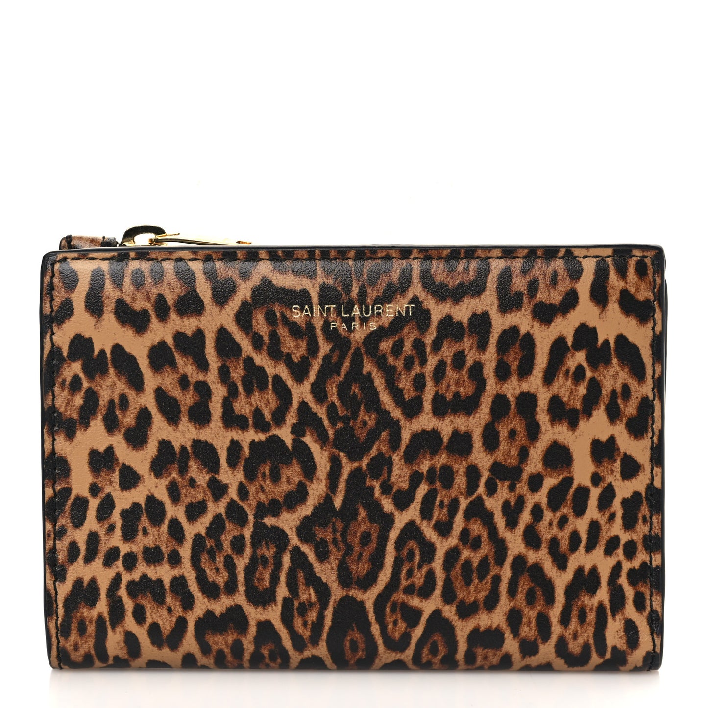 Calfskin Leopard Printed Monogram Bi-Fold Zipped Wallet Black
