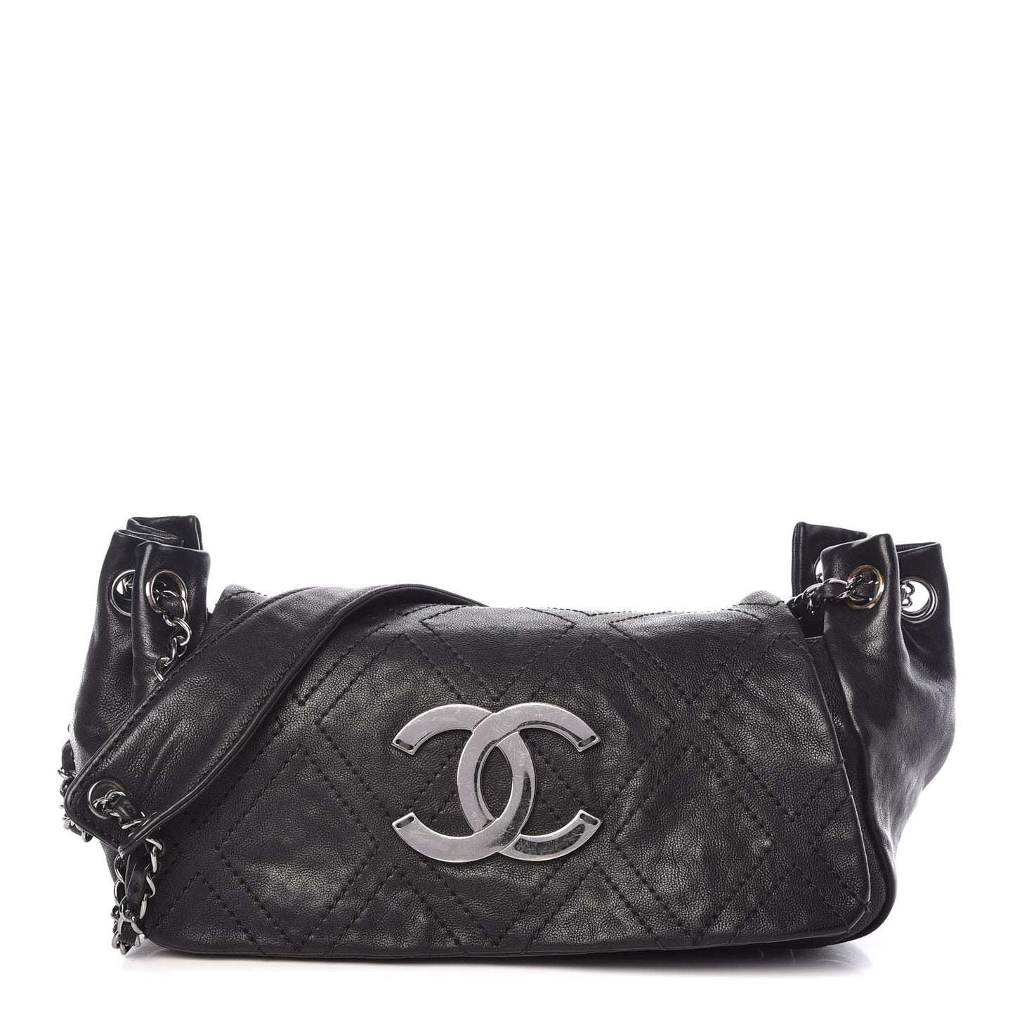 Calfskin Diamond Stitch Accordion Flap Black