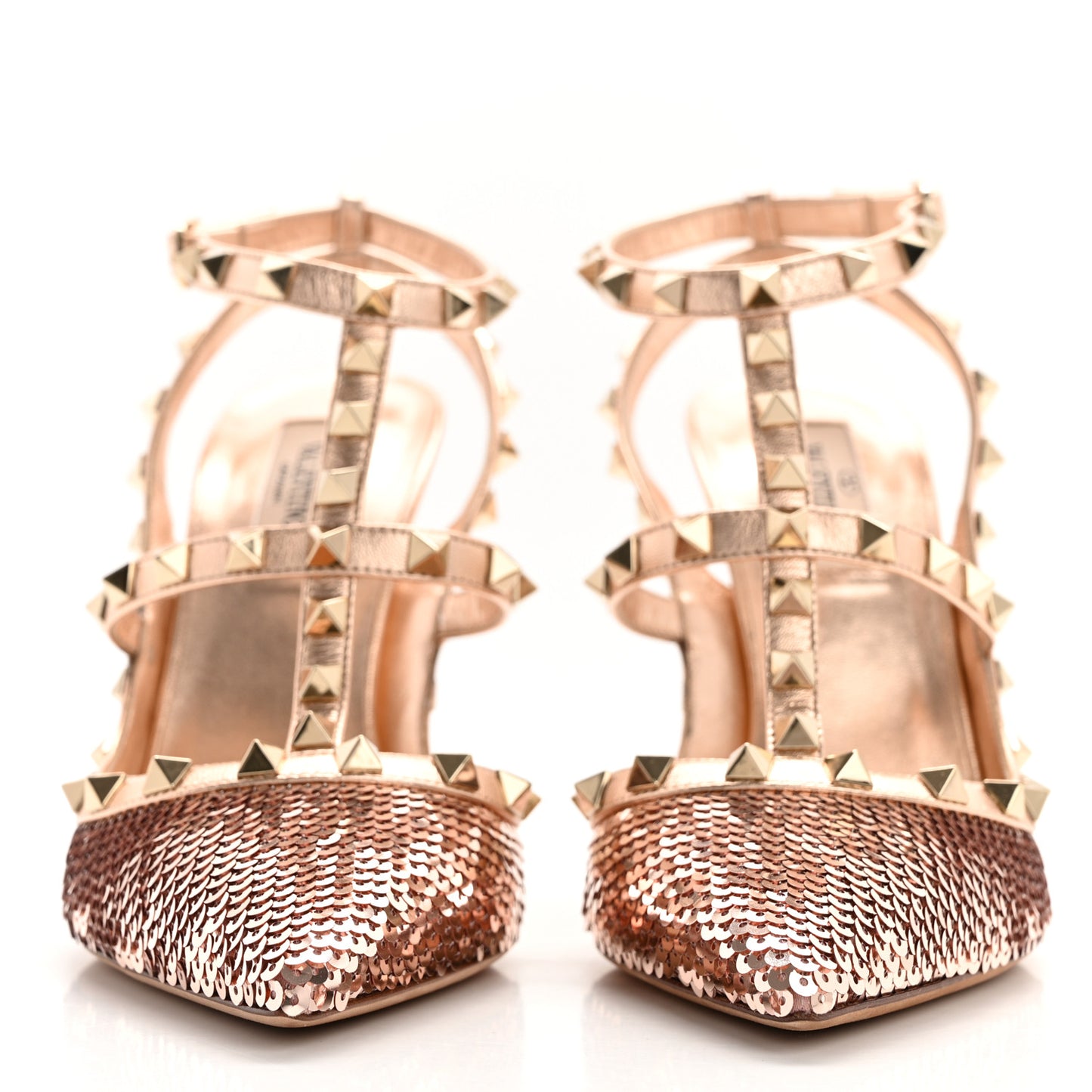 Metallic Nappa Sequin Liquid Metal Rockstud Ankle Strap Pumps 39 Rame Poudre
