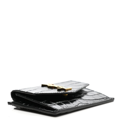 Saint Laurent Calfskin Crocodile Embossed Uptown Monogram Card Case Black 3 of 9
