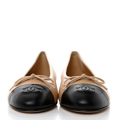 Chanel Lambskin Cap Toe CC Ballerina Flats 38.5 Beige Black 2 of 9