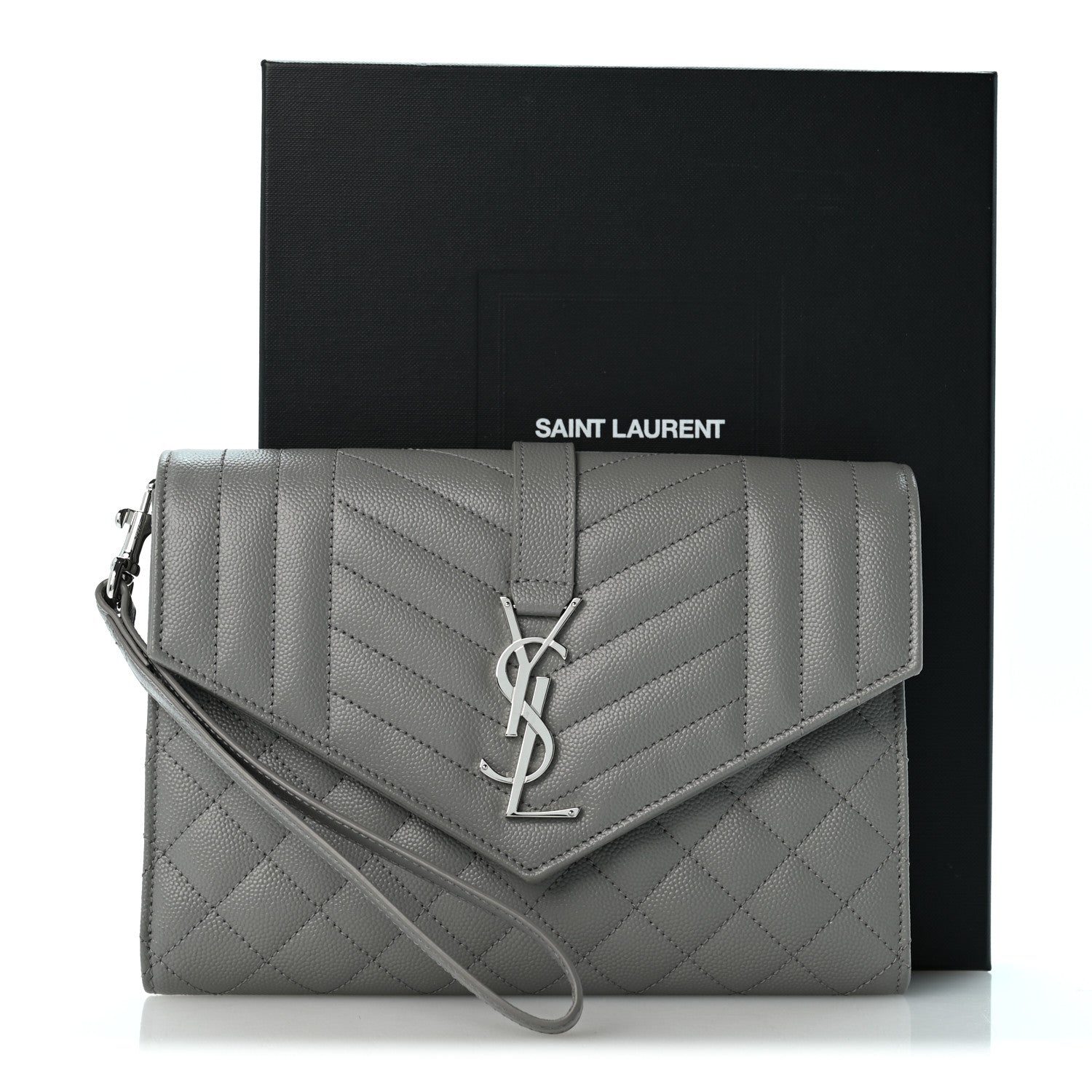 Saint Laurent Grain De Poudre Textured Mixed Matelasse Triquilt Monogram Clutch New Stone Grey 13 of 13