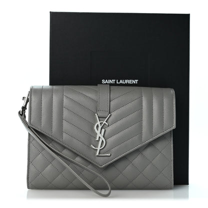 Saint Laurent Grain De Poudre Textured Mixed Matelasse Triquilt Monogram Clutch New Stone Grey 13 of 13