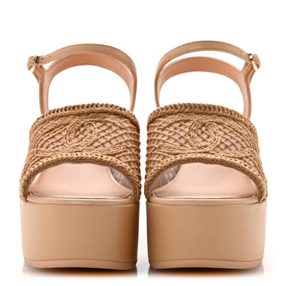 Chanel Fabric Calfskin CC Platform Sandals 37 Beige 3 of 10
