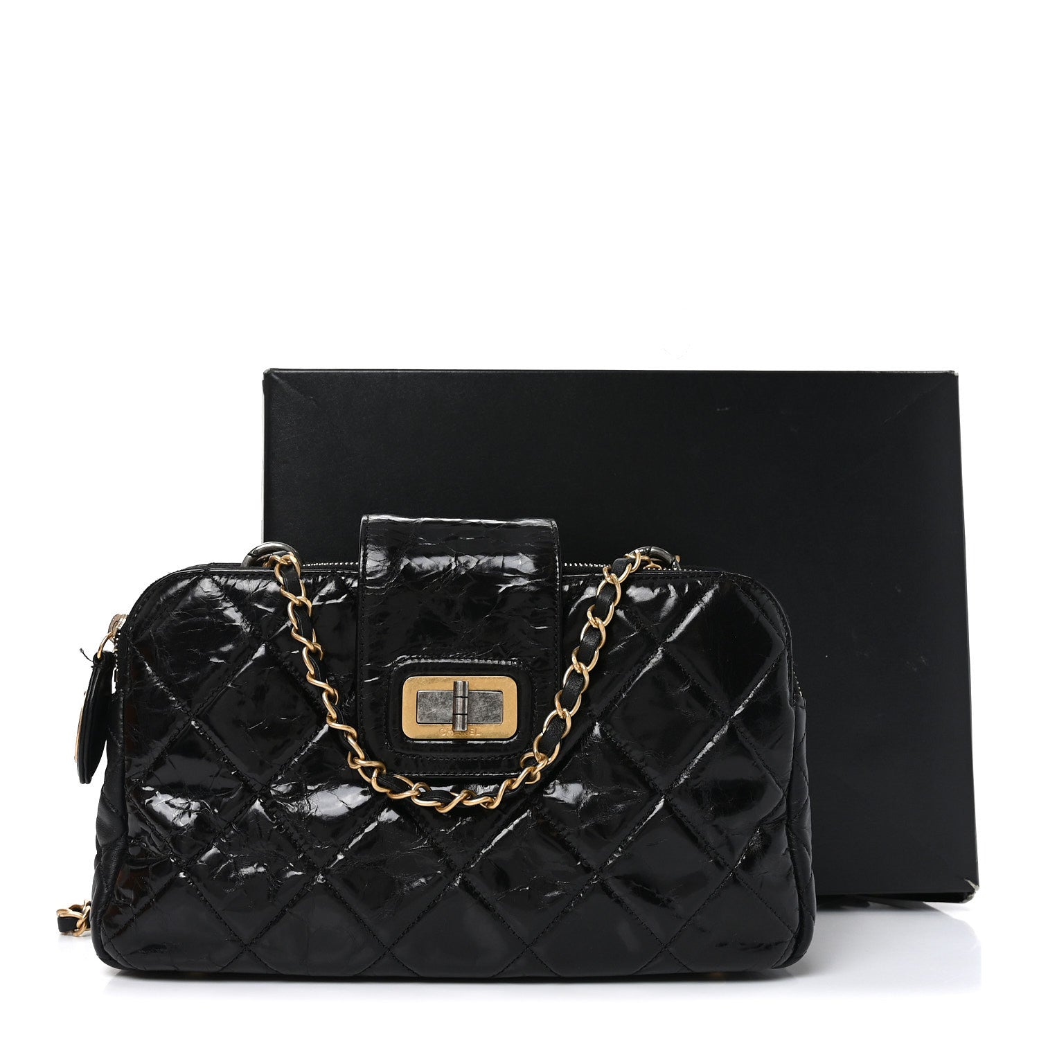 Chanel Glazed Crinkled Lambskin Small Reissue Zip Shopping Tote Black 11 of 12