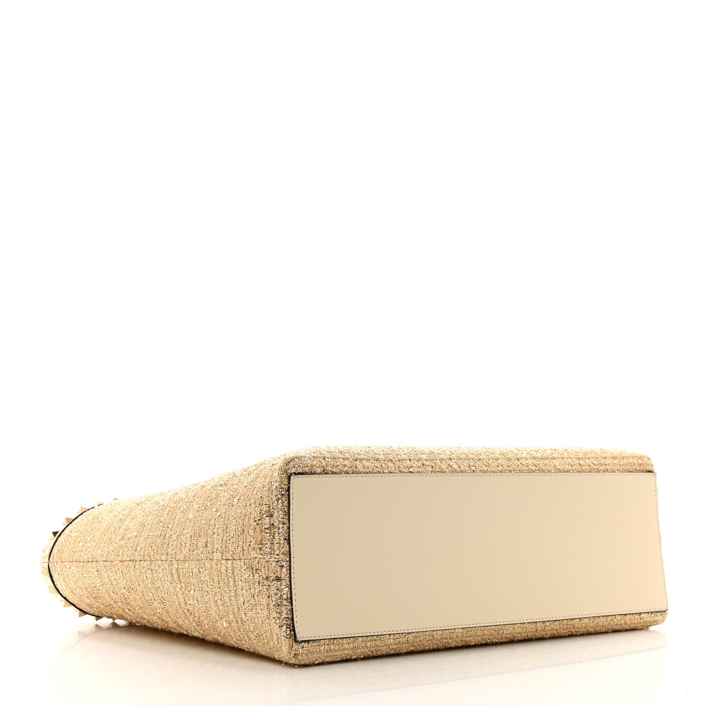 Metallic Boucle Raffia Calfskin Rockstud Shoulder Tote White Gold Ivory