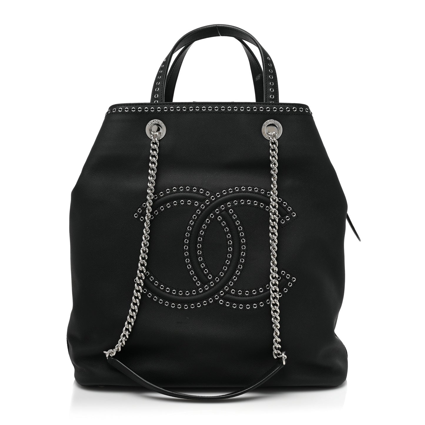 Grained Calfskin Large Coco Eyelets Shopping Tote Black