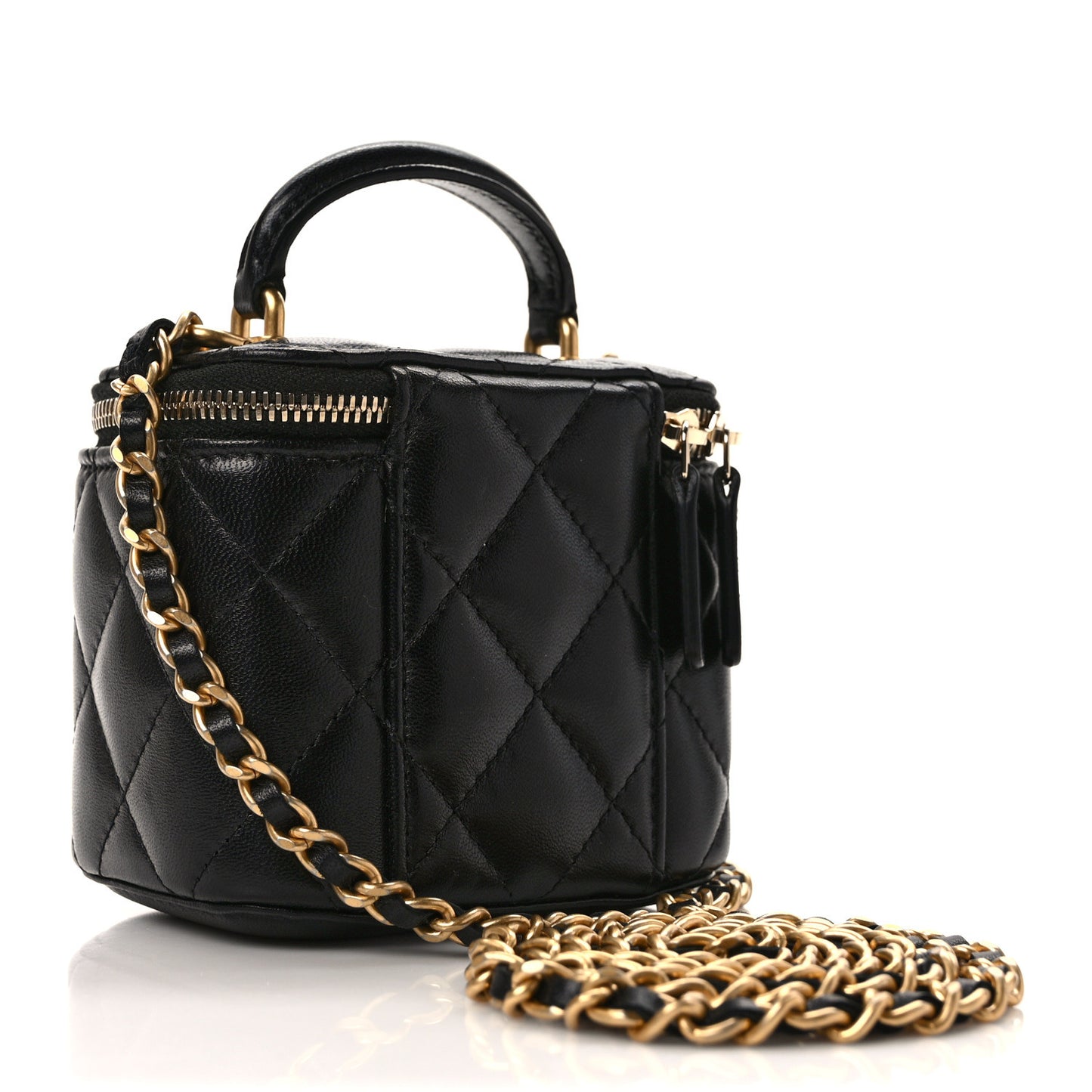 Lambskin Quilted Top Handle Mini Vanity Case With Chain Black