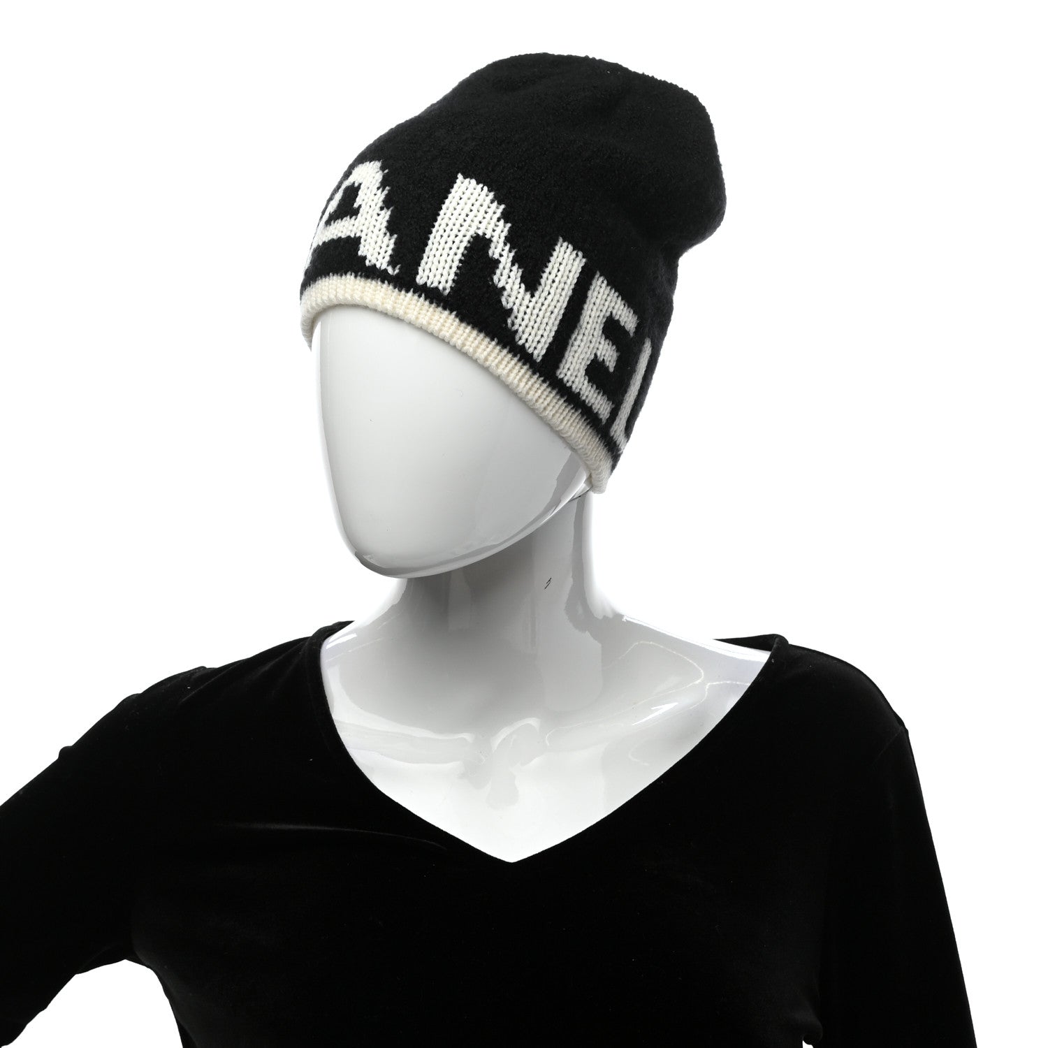 Chanel Cashmere Wool Silk Blend Logo Beanie Hat Black White 2 of 4