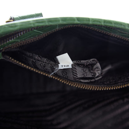 Prada Shiny Calfskin Crocodile Embossed Double Zip Bauletto Larice 7 of 15