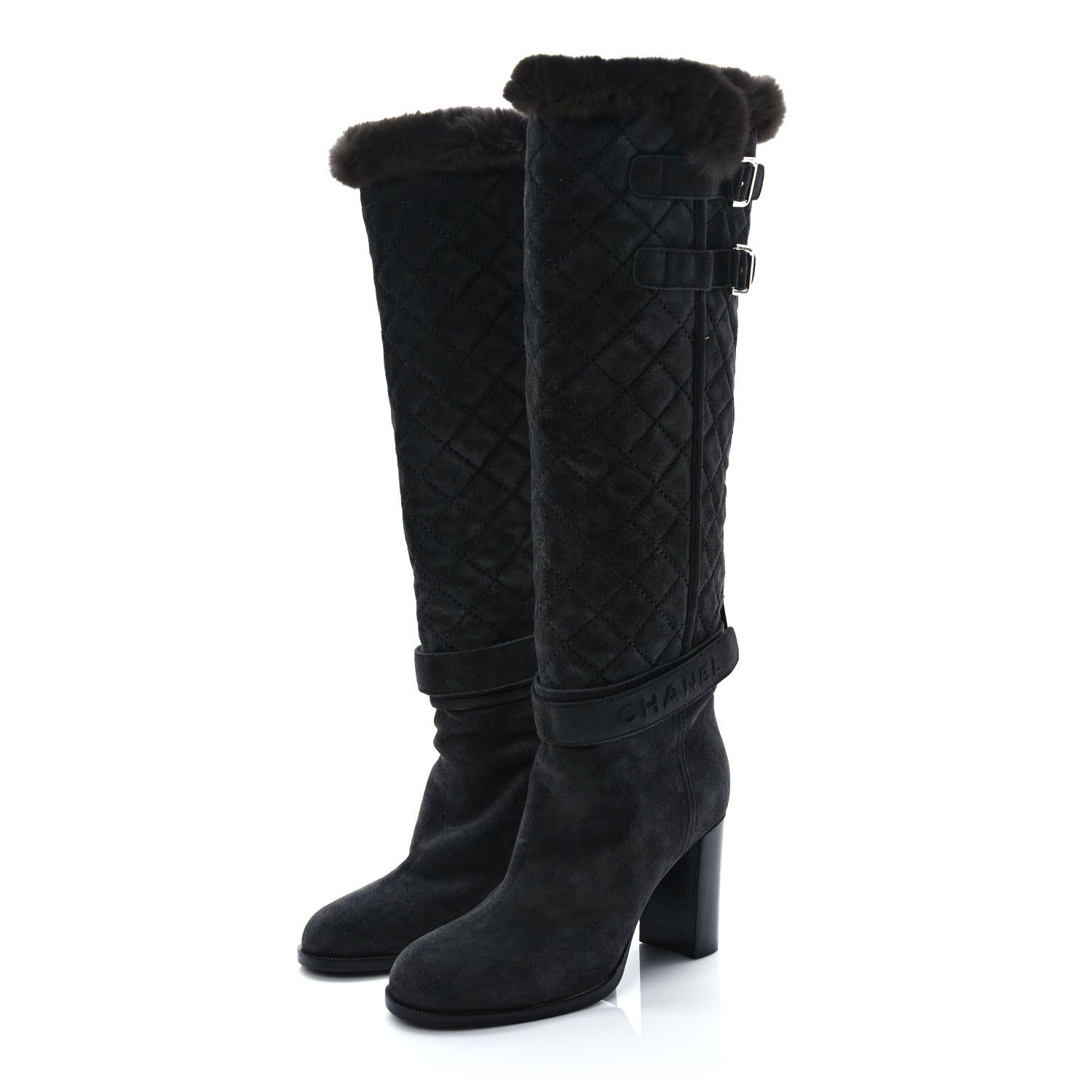 Chanel Suede Rabbit Fur Quilted Buckle High Boots 38 Grey 3 of 8