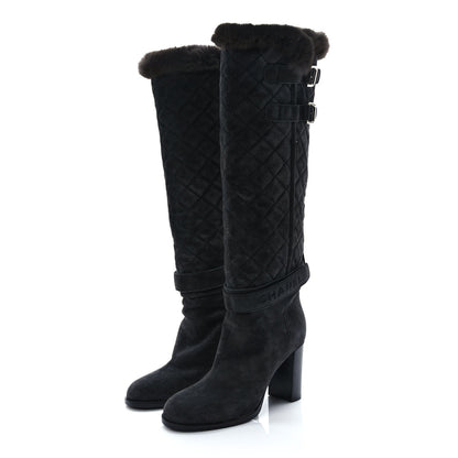 Chanel Suede Rabbit Fur Quilted Buckle High Boots 38 Grey 3 of 8