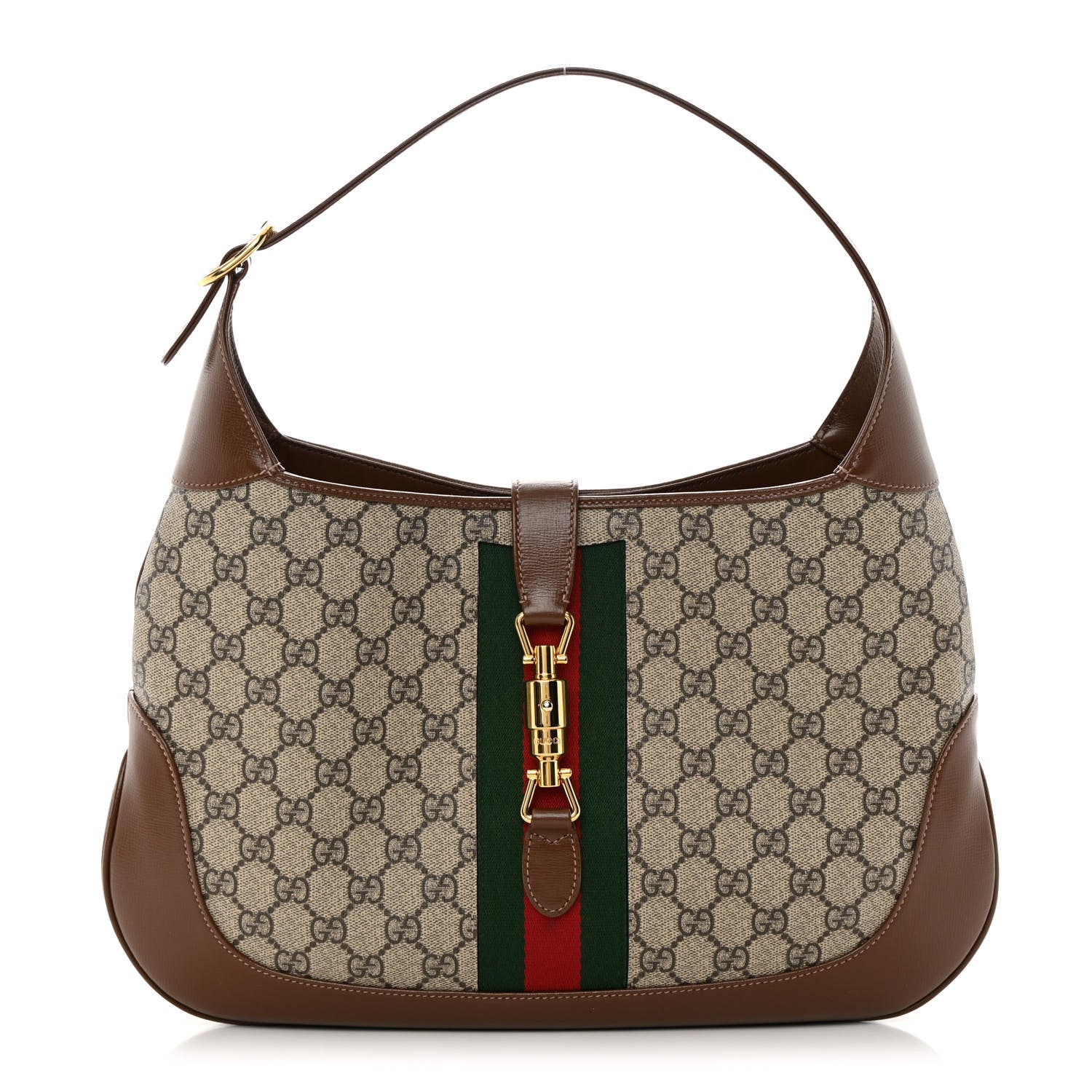 Gucci GG Supreme Monogram Azalea Calfskin Web Medium Jackie 1961 Hobo Beige Ebony Brown Sugar 1 of 12