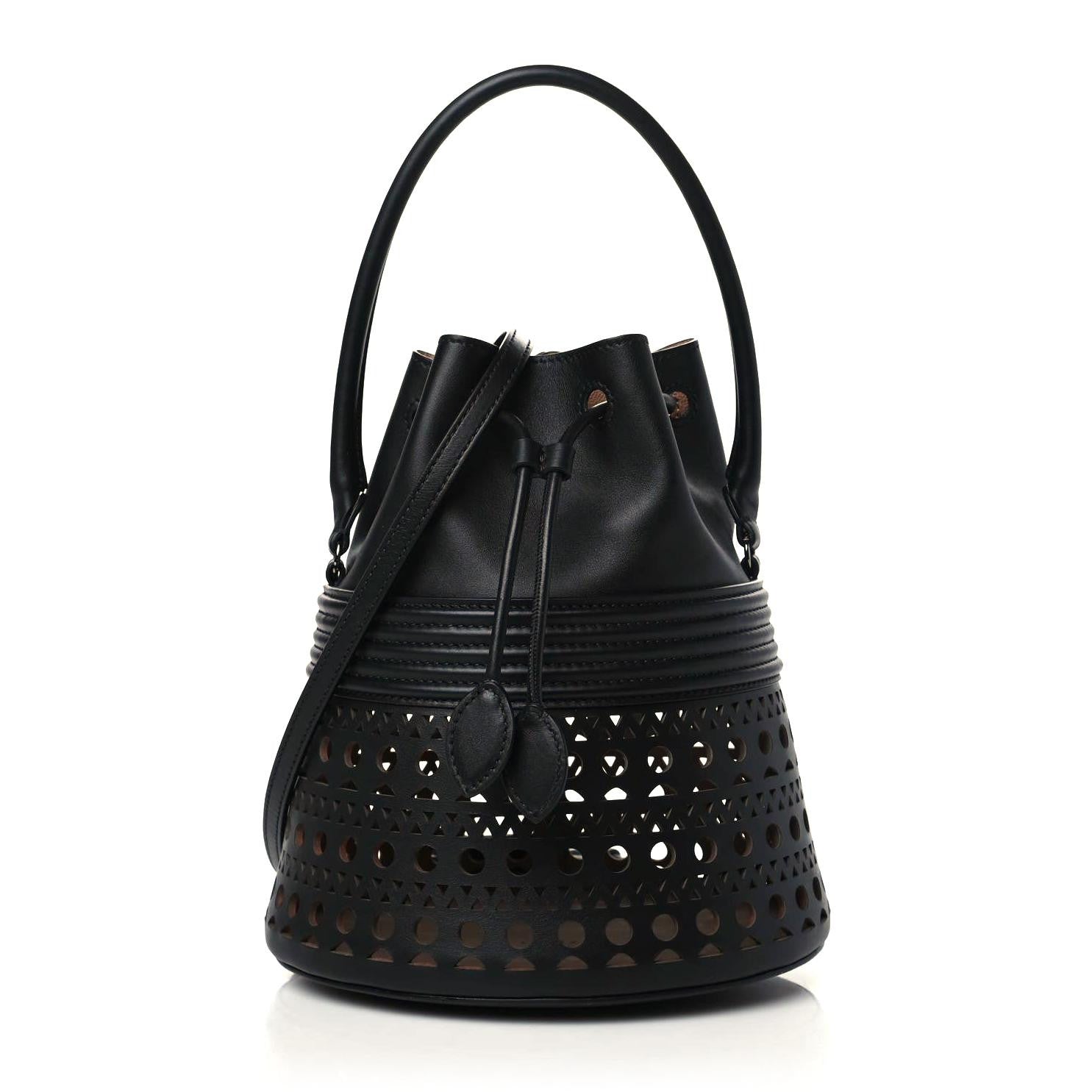 Alaia Calfskin Laser Cut Corset 19 Bucket Bag Black 1 of 9