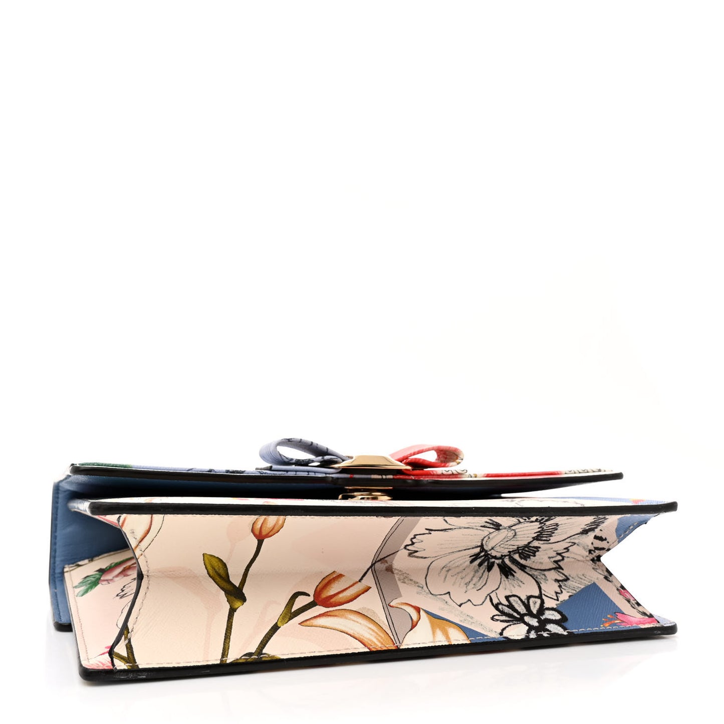 Calfskin Floral Print Vara Bow Chain Flap Crossbody Chambray Multicolor