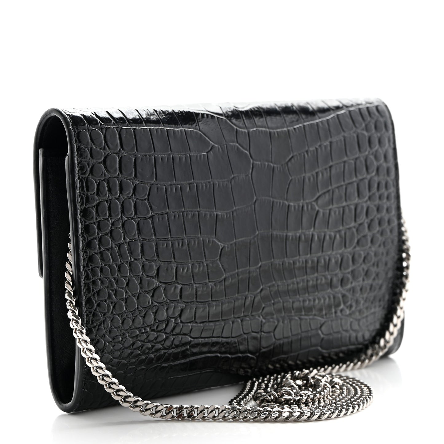Calfskin Crocodile Embossed Monogram Uptown Chain Wallet Black