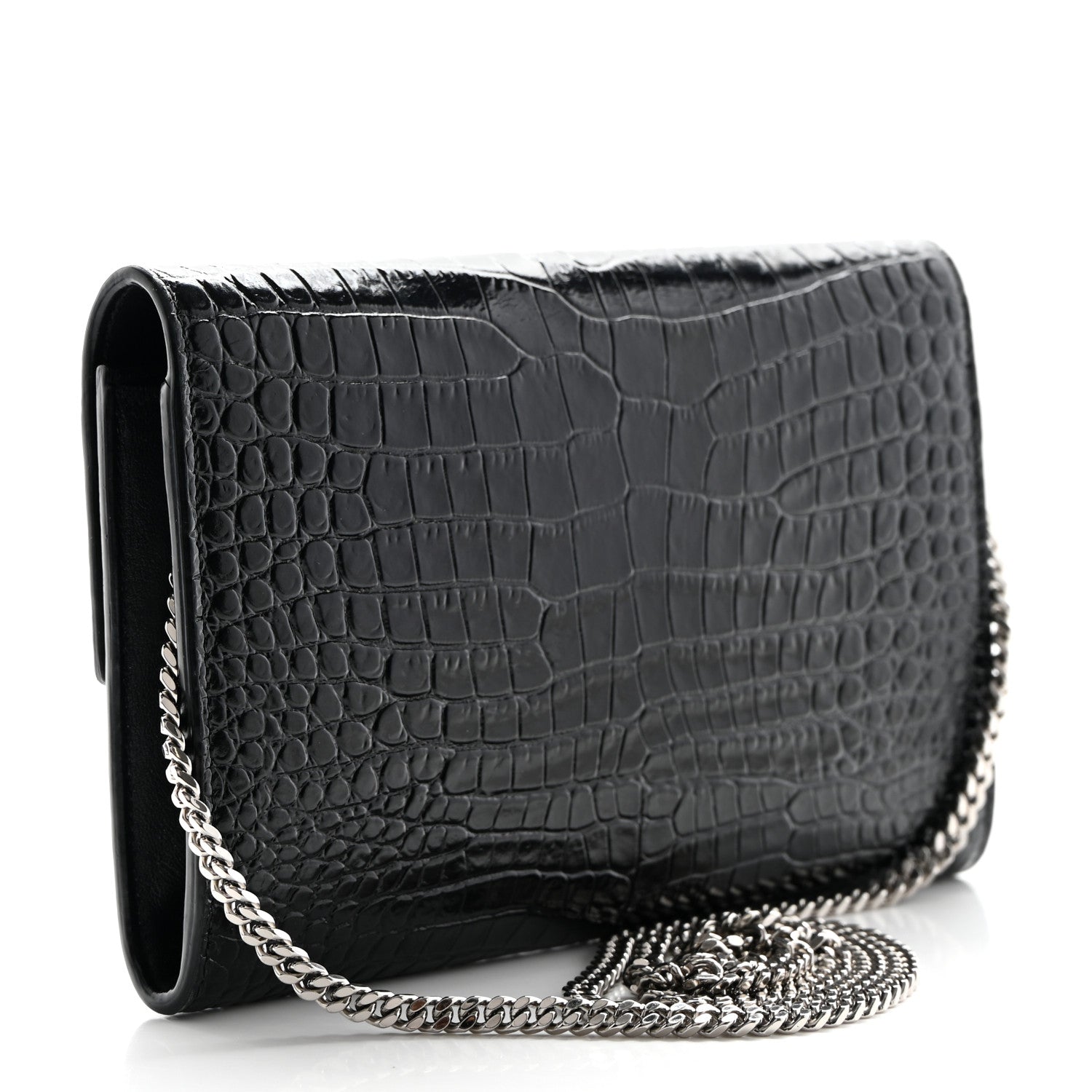 Saint Laurent Calfskin Crocodile Embossed Monogram Uptown Chain Wallet Black 3 of 14