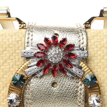 Miu Miu Raffia Madras Crystal Embellished Lady Shoulder Bag Naturale Pirite 9 of 10