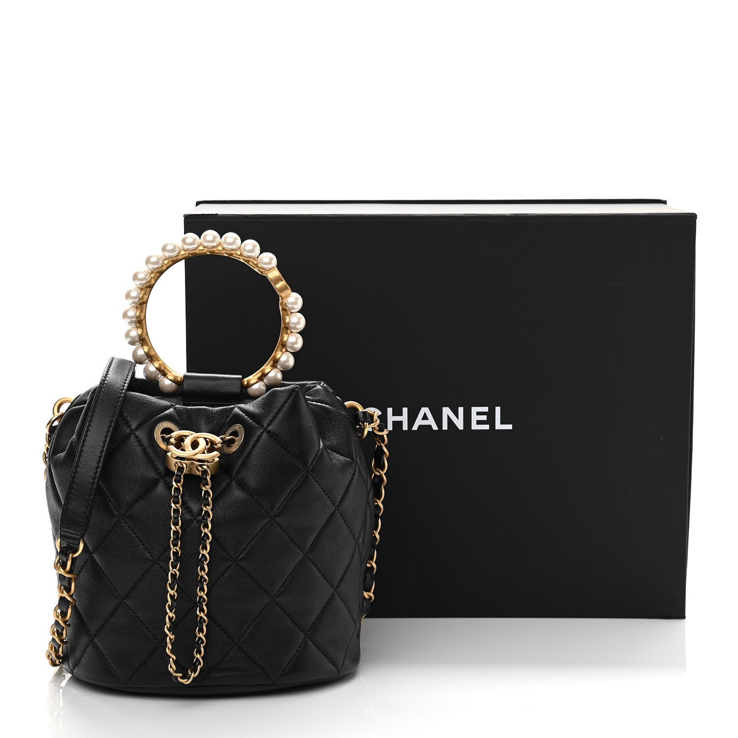 Chanel Lambskin Quilted Pearl Crown Drawstring Bag Black 11 of 11