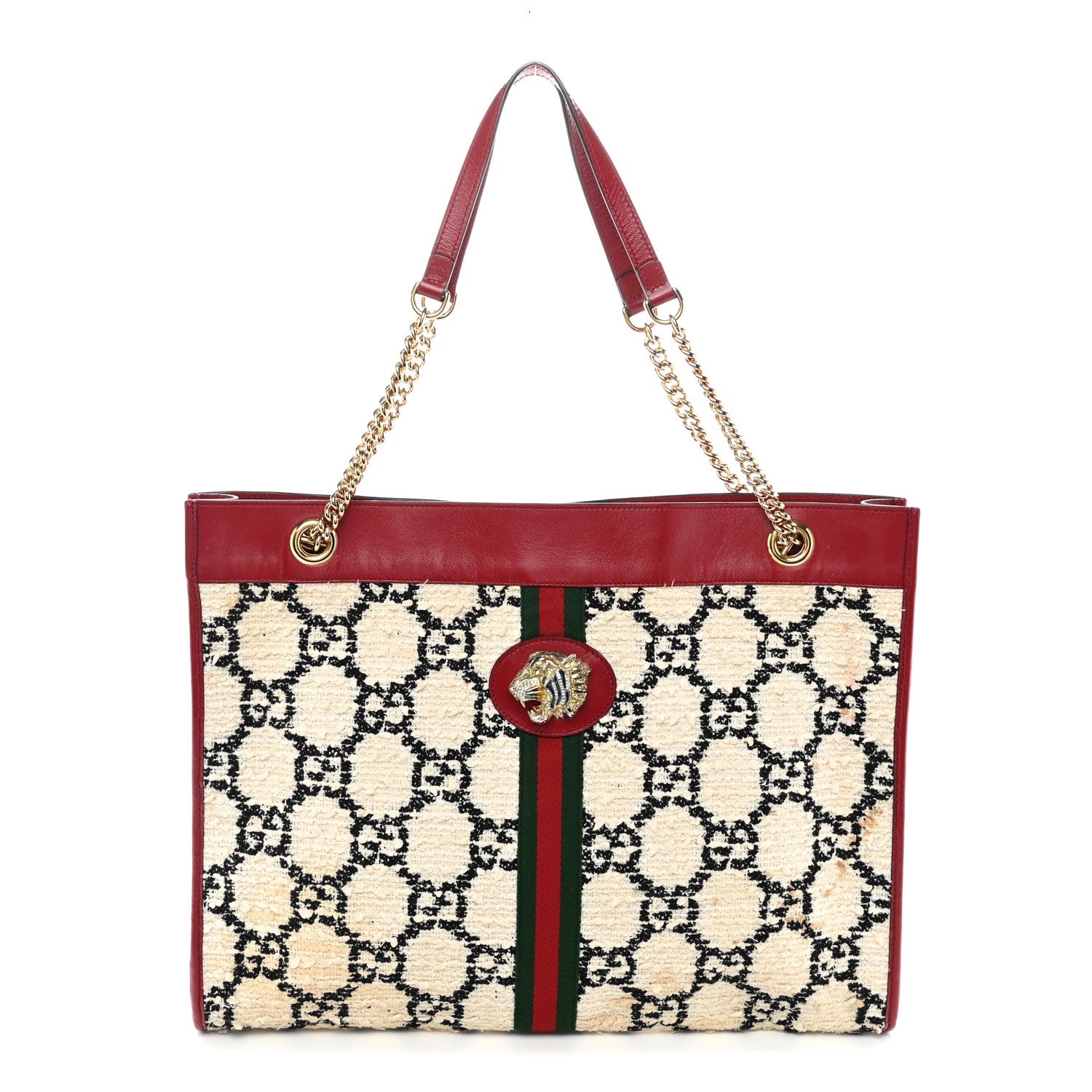Gucci Tweed GG Monogram Large Rajah Chain Tote White Black Romantic Cherry 1 of 14