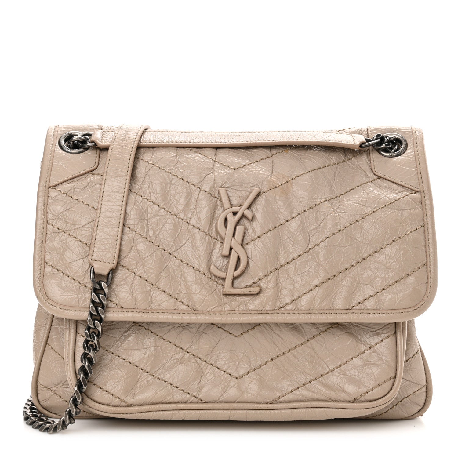 Saint Laurent Crinkled Calfskin Matelasse Monogram Medium Niki Chain Satchel Light Taupe 1 of 14