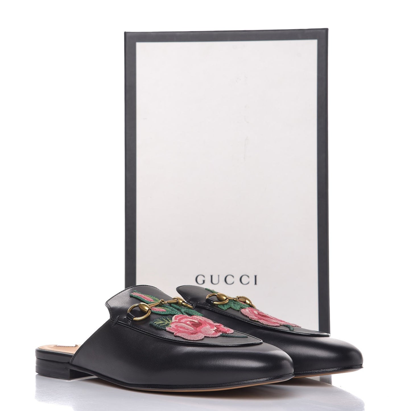 Calfskin Flower Embroidered Princetown Slippers 40 Black