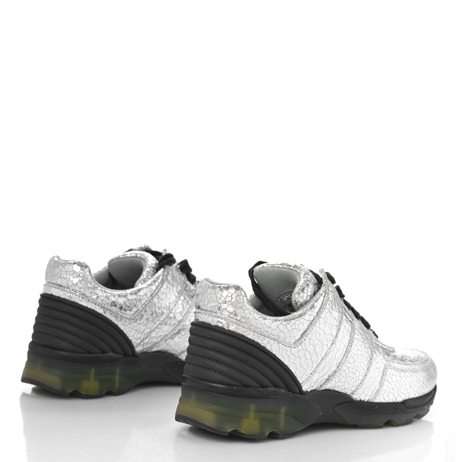 Chanel Metallic Crackled Calfskin CC Sneakers 37 Silver Black Navy 3 of 9