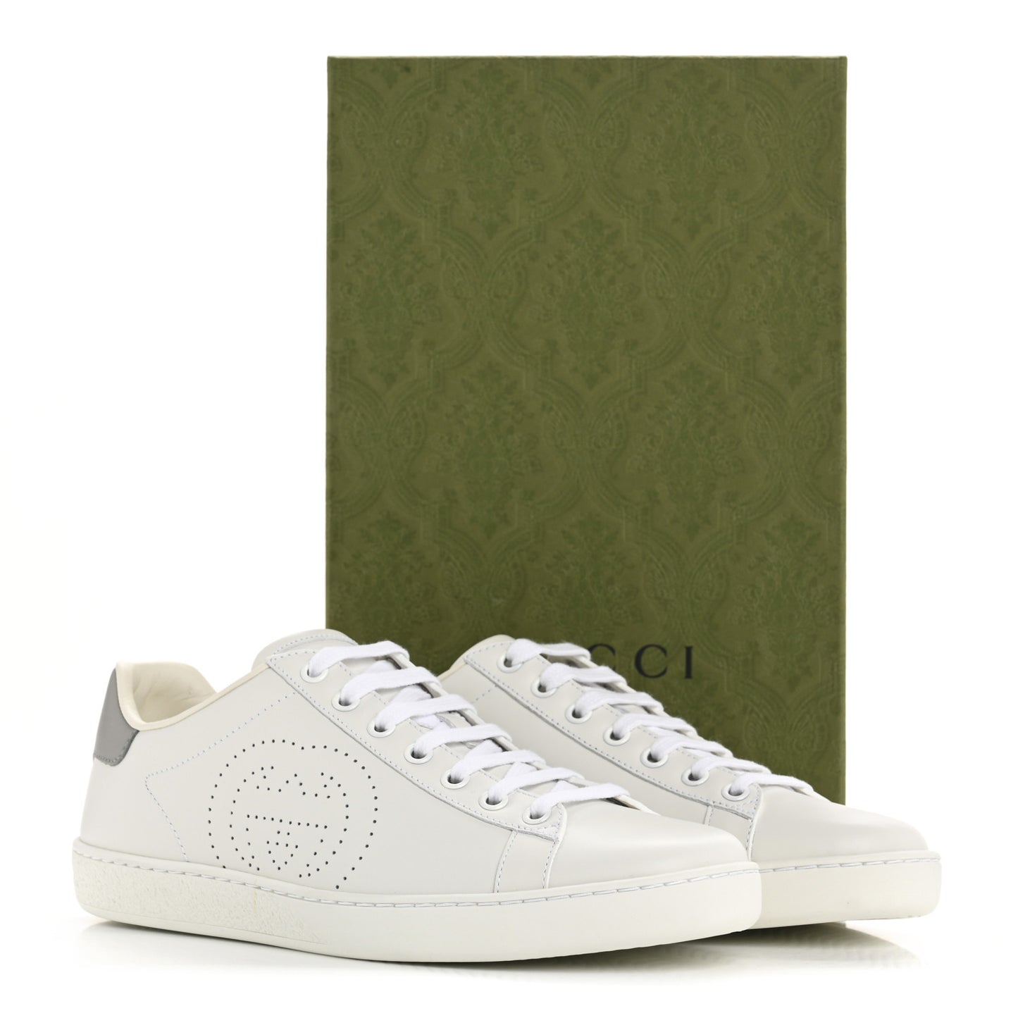 Calfskin Interlocking G Perforated Womens Ace Sneakers 38 White Grey Sky