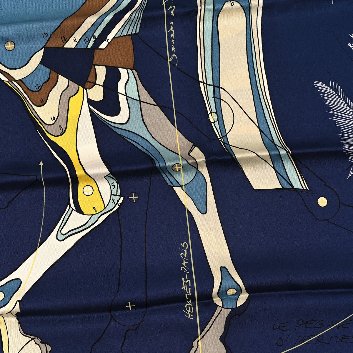 Hermes Silk Le Pegase D'Hermes Shawl 140 Bleu Marine Jaune White 4 of 4