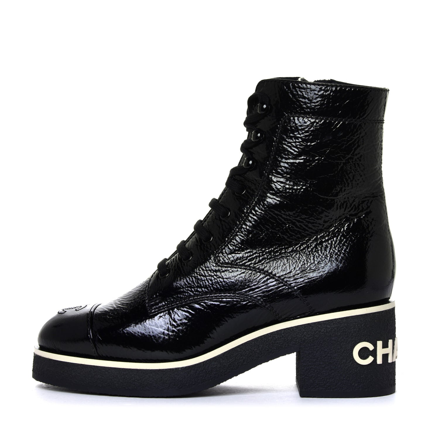Shiny Crumpled Lambskin Lace Up Combat Boots 38.5 Black