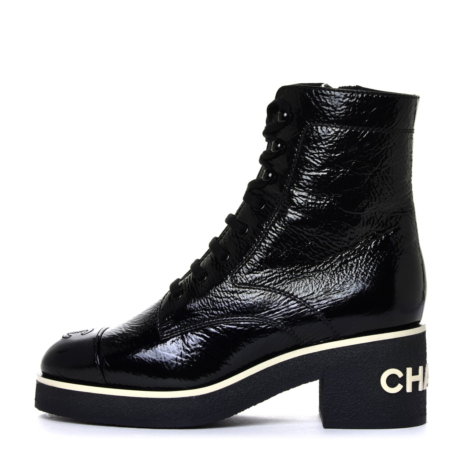Chanel Shiny Crumpled Lambskin Lace Up Combat Boots 38.5 Black 1 of 12
